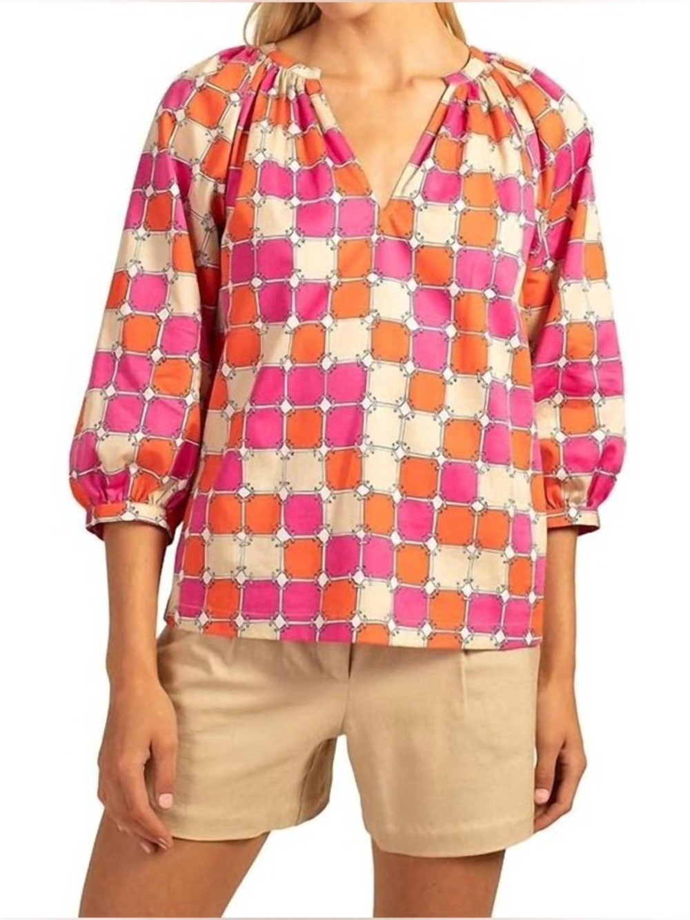 Trina Turk Pink & Red Geometric Organic Cotton Nautical Peasant Blouse Size S - Picture 7 of 8